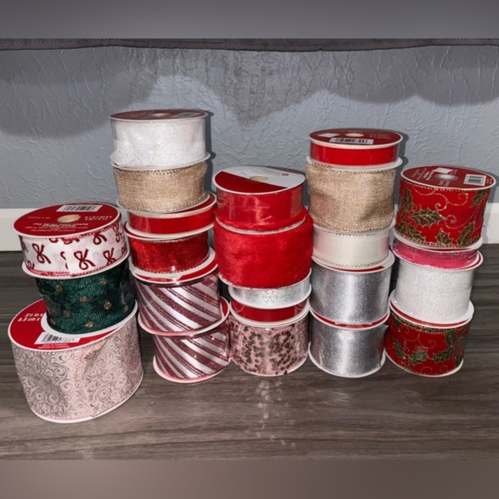 Assorted Holiday Ribbon Bundle - Red, White, Gold, Green (Ribbon LOT)